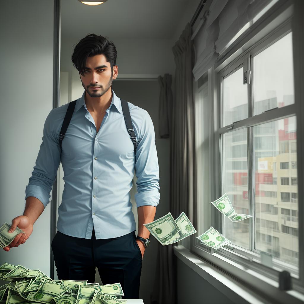  a men standing in front of window and money falling behind him