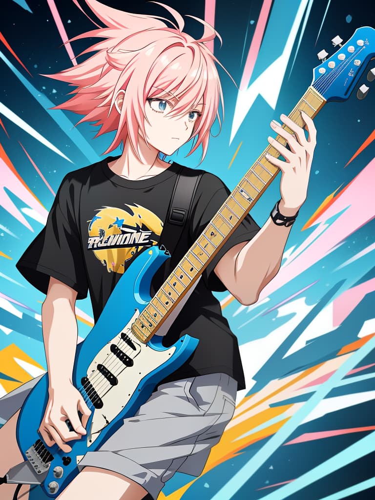  anime with electric guitar, anime style illustration, electric guitar solo, electric guitar performance, trend anime artwork, clean and detailed animation style, clean and detailed animation art, guitarist, simple background, revolution e baseball shirt,