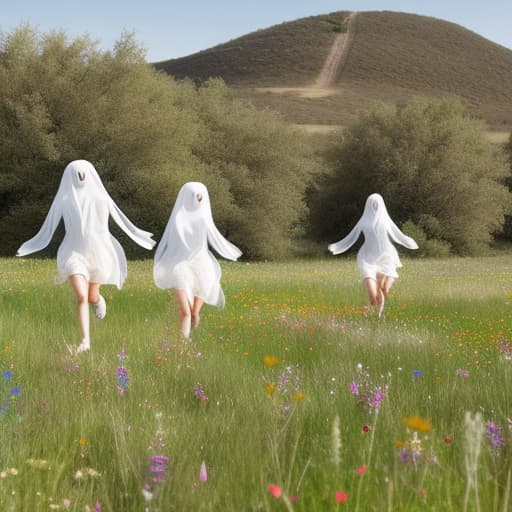  Ghosties running thru a meadow full of wildflowers