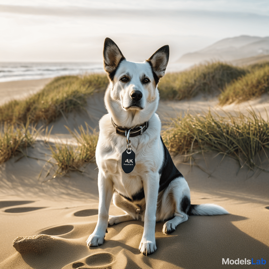  a dog sitting in the sand on the beach with the tag in the background hyperrealistic, full body, detailed clothing, highly detailed, cinematic lighting, stunningly beautiful, intricate, sharp focus, f/1. 8, 85mm, (centered image composition), (professionally color graded), ((bright soft diffused light)), volumetric fog, trending on instagram, trending on tumblr, HDR 4K, 8K