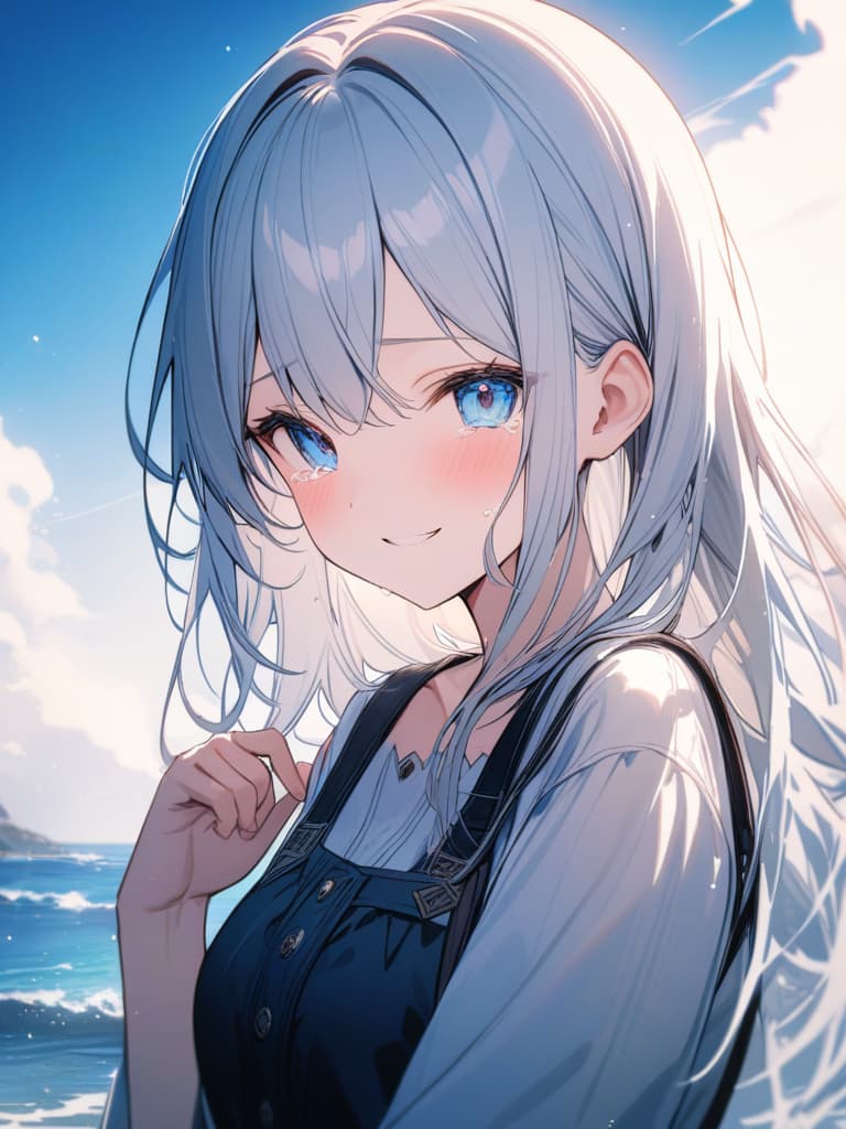  crying girl, cute, blue eyes, silver hair, smile, tears, sea behind, masterpiece, best quality,8k,ultra detailed,high resolution,an extremely delicate and beautiful,hyper detail