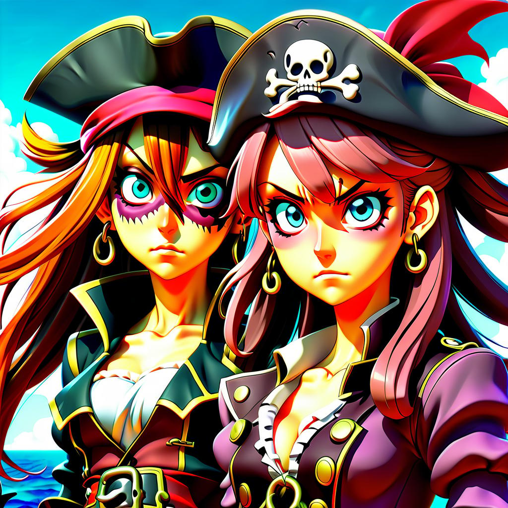  anime artwork two pirate girls close up . anime style, key visual, vibrant, studio anime, highly detailed