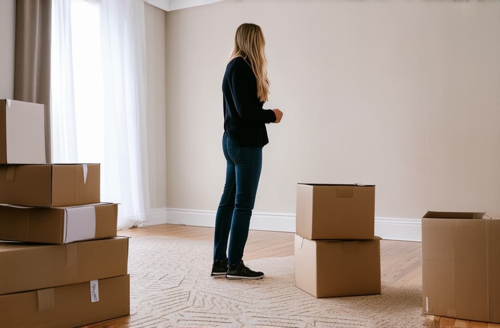  professional detailed photography, a woman stands in an empty apartment, paper boxes on the floor, moving. bright room ar 3:2, (muted colors, dim colors, soothing tones), (vsco:0.3)