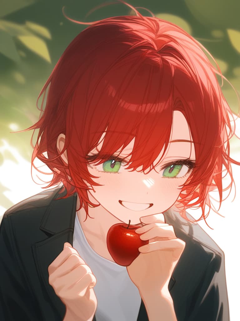  (adam’s apple:1.4),(man’s),(boy:1.3),(red hair),(short hair:1.3),emerald green eyes,smile,(messy hair),from front,black jacket,white t shirt,ultra detailed,hair tie,froward hands,