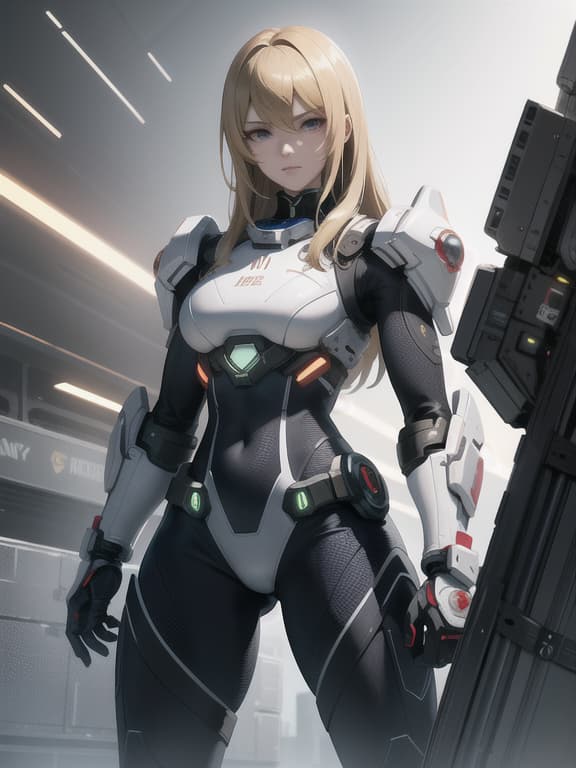  master piece, best quality, ultra detailed, highres, 4k.8k, samus aran, standing confidently with her arm cannon raised., resolute, break powerful female warrior in futuristic armor., space station hangar, spaceship, crates, futuristic machinery, energy barriers, break futuristic and industrial, dynamic lighting, glowing energy effects, sense of movement,