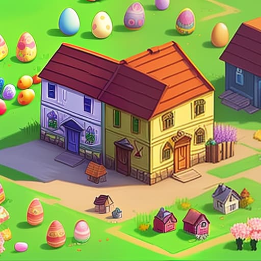  isometric, game, town, old farmer, spring, easter, event, colored eggs, decoration on buildings, five houses