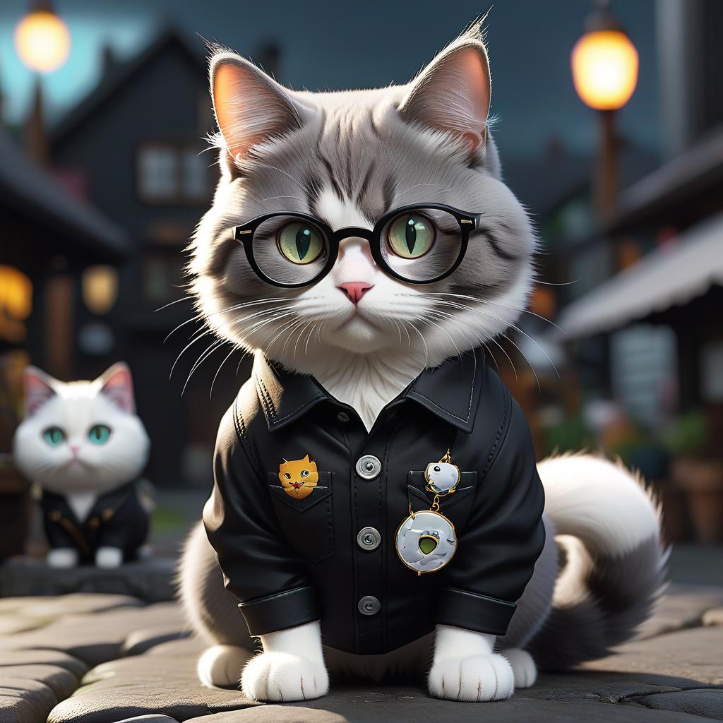  cartoon grey and white cat with heterochromia of the eyes wearing glasses in a black shirt, sticker hyperrealistic, full body, detailed clothing, highly detailed, cinematic lighting, stunningly beautiful, intricate, sharp focus, f/1. 8, 85mm, (centered image composition), (professionally color graded), ((bright soft diffused light)), volumetric fog, trending on instagram, trending on tumblr, HDR 4K, 8K