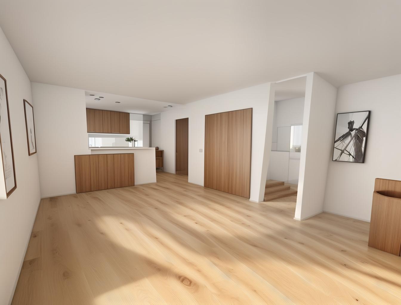  produce a photorealistic rendering of a minimalist living room with a wooden floor. the space should feature a simple, modern sofa as the focal point, with clean lines and neutral colors that complement the natural wood grain of the flooring.