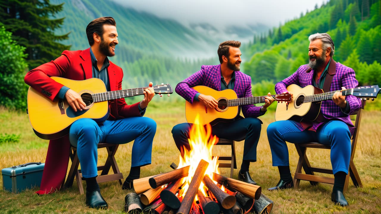  a rustic scene featuring a diverse group of musicians playing acoustic instruments around a campfire, surrounded by rolling hills, with colorful traditional clothing, emphasizing the warmth and community spirit of folk music. hyperrealistic, full body, detailed clothing, highly detailed, cinematic lighting, stunningly beautiful, intricate, sharp focus, f/1. 8, 85mm, (centered image composition), (professionally color graded), ((bright soft diffused light)), volumetric fog, trending on instagram, trending on tumblr, HDR 4K, 8K