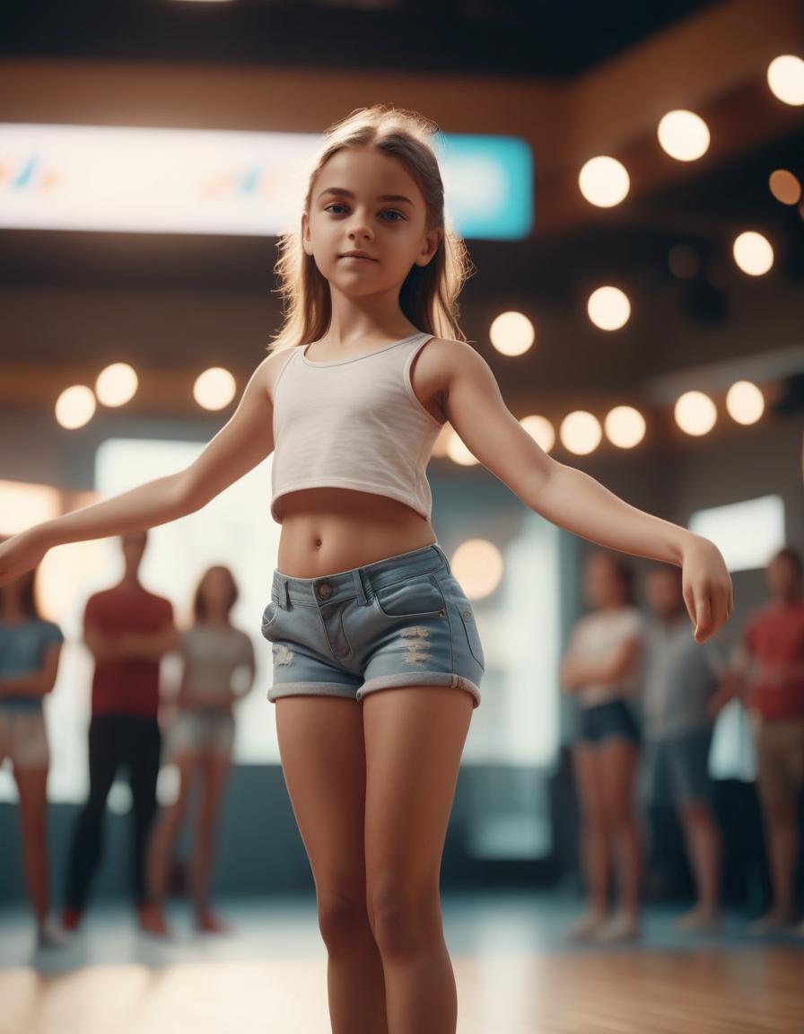  cinematic photo a cute girl in shorts stands in a dance position . 35mm photograph, film, bokeh, professional, 4k, highly detailed