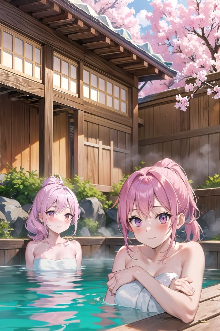  r 18, , middle , ,random situation, pink haired ,ponytail,large eyes,capture a fun selfie moment with your smartphone in hand. Strike a pose, flash and snap a photo to remember. A group of women, laughing and chatting, enjoying a relaxing day at the hot springs. BREAK,Each woman holds a small towel, strategically covering their bodies, with billowing clouds of steam swirling around them. The towels are vint, with patterns of flowers and birds. BREAK,Capture the scene from a low angle, emphasizing the women's relaxed poses, with some sitting, some standing, and others leaning against the traditional wooden walls of the hot spring house. BREAK,The background is a beautiful, rustic hot spring resort, with wooden structur