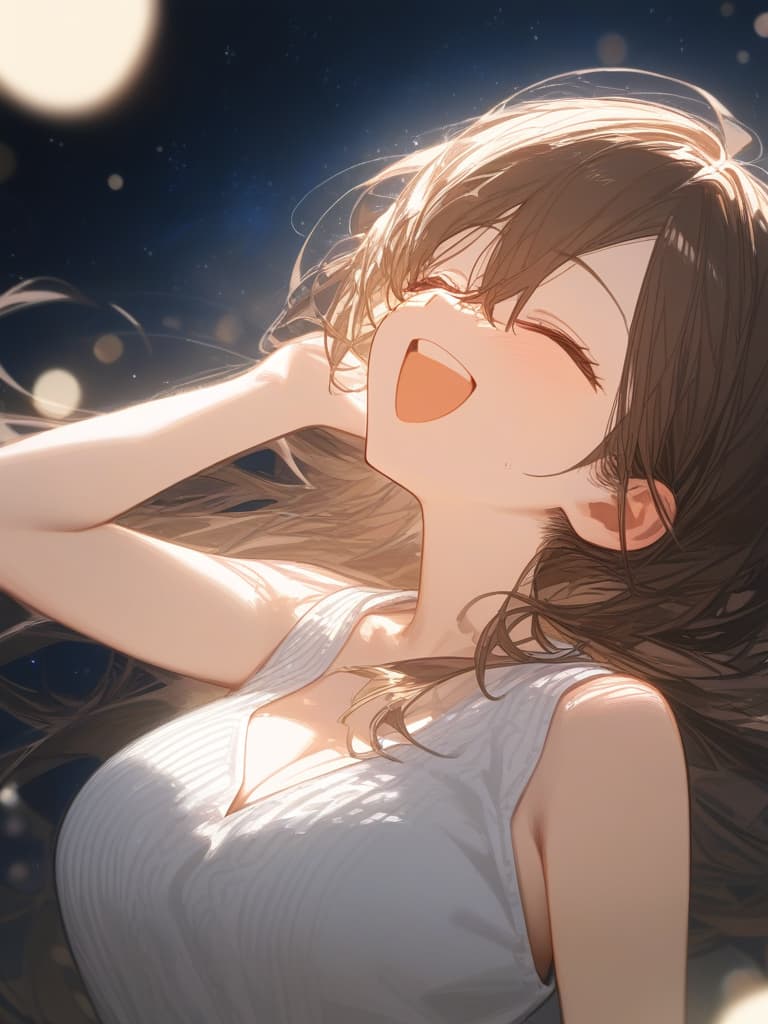  bright brown hair long hair, transparent ephemeral, laughing, under the starry sky, the whole body, facing here, wearing a white cardigan from the black sleeveless dress, above the chest, masterpiece, best quality,8k,ultra detailed,high resolution,an extremely delicate and beautiful,hyper detail