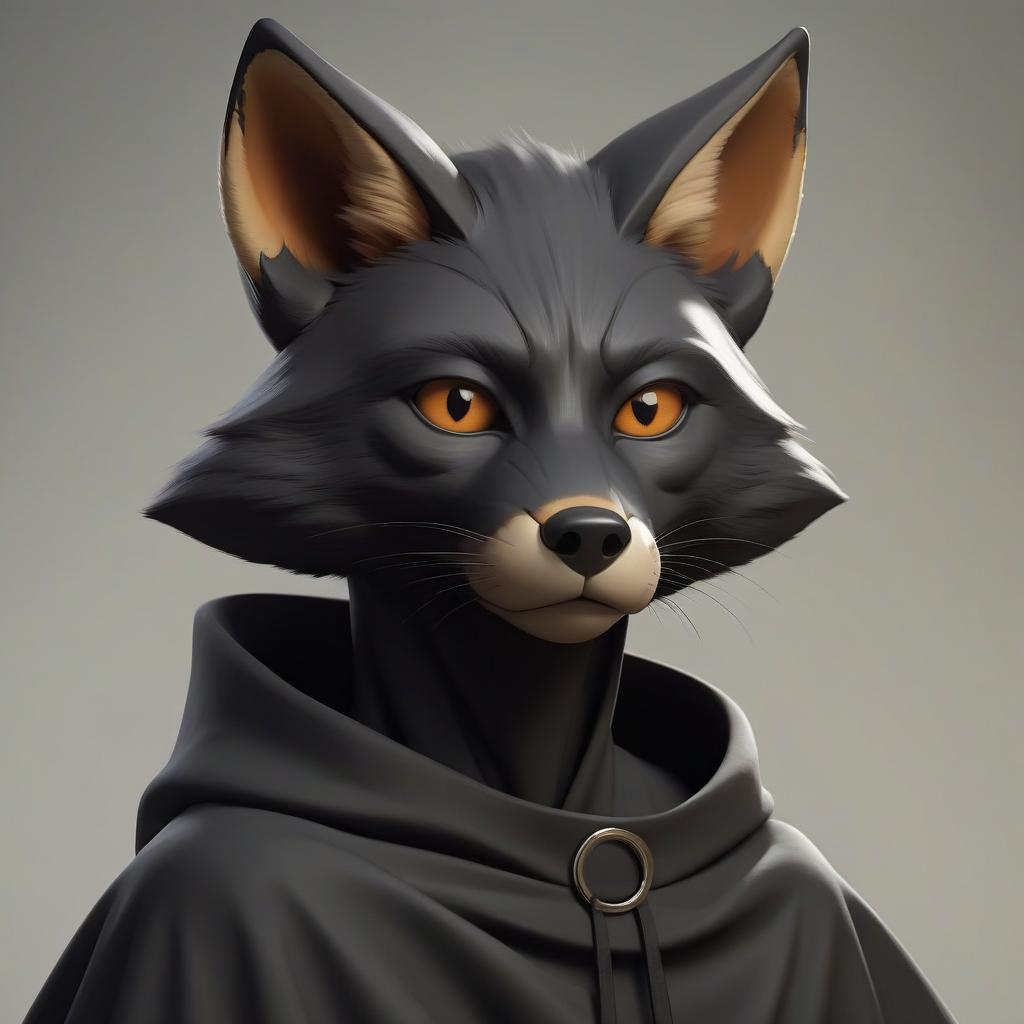  fox, humanoid body, cloak, eyes in the form of black rectangles. eyes like rectangles. the muzzle is not black