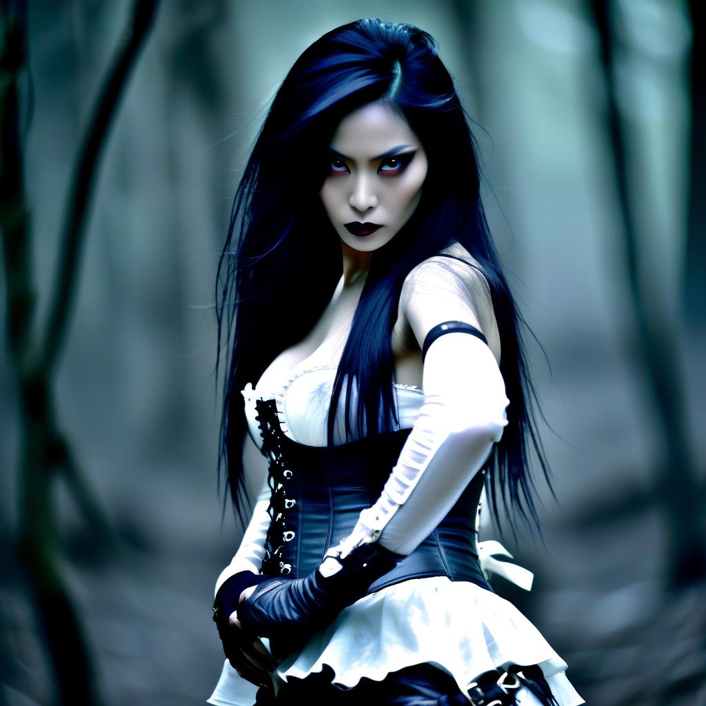  macabre style film actress fei ren in the form of an elf thief fighter with black hair, in full growth in a corset and in many heavy long white leather skirts with linings. in a dark forest surrounded by smoky ghosts. . dark, gothic, grim, haunting, highly detailed, perfecteyes, perfect hands