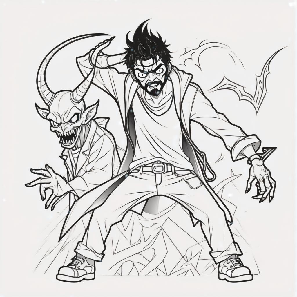  line art drawing hobo man beat devil, same nightmare. anime style . professional, sleek, modern, minimalist, graphic, line art, vector graphics