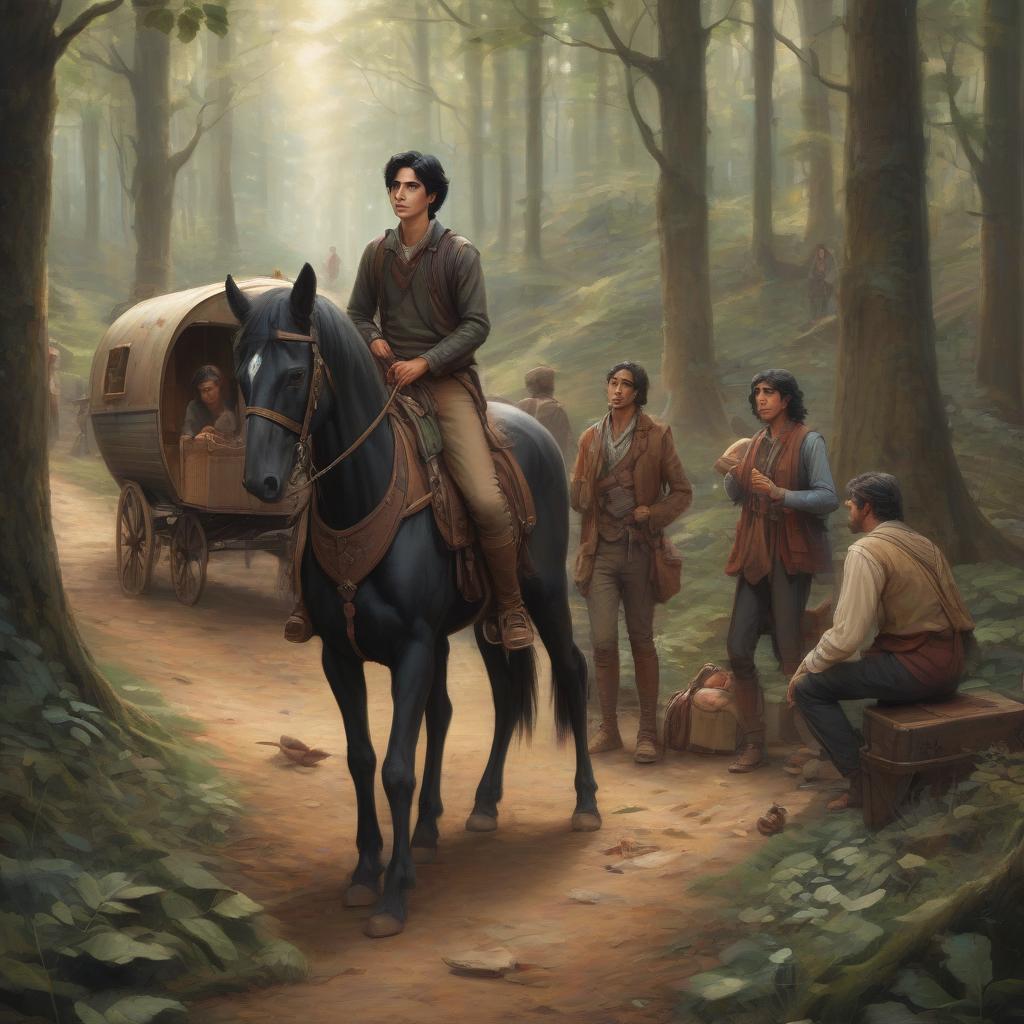  draw in a medium sized style this scene where a black haired young guy with brown eyes meets a small caravan of merchants on one of the forest tracts