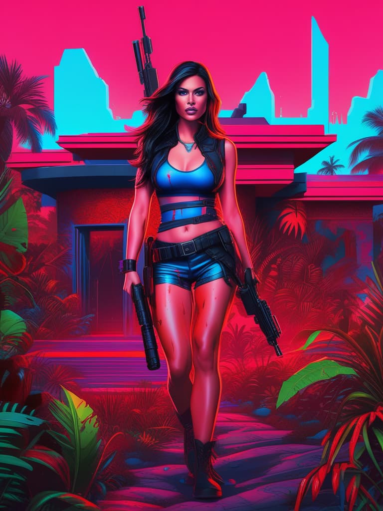  Futuristic female bounty hunter, red flowing, long hair, dressed in skin tight shorts and a sleeveless, leather flack vest; standing in a Columbian jungle outside a large villa...realistic neon pink and bright neon blue, with lots of blood dripping off face, grinning.