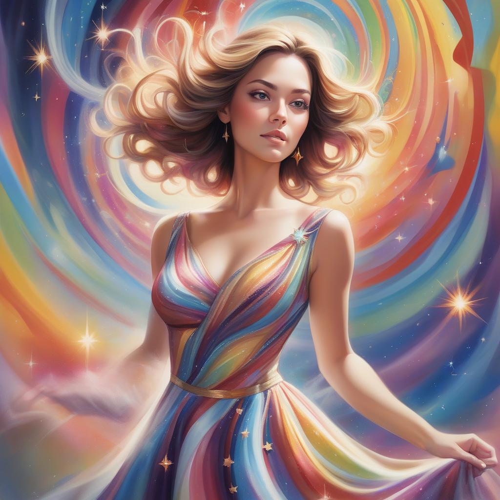  a painting of a woman in a dress with a colorful swirl in the background and a star burst in the sky, artgerm, figurative art, highly detailed digital painting, an airbrush painting