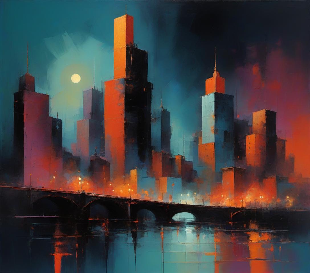  lit metropolis in darkness, style of rufino tamayo, style of peter wileman, vibrant, messy, exuberant