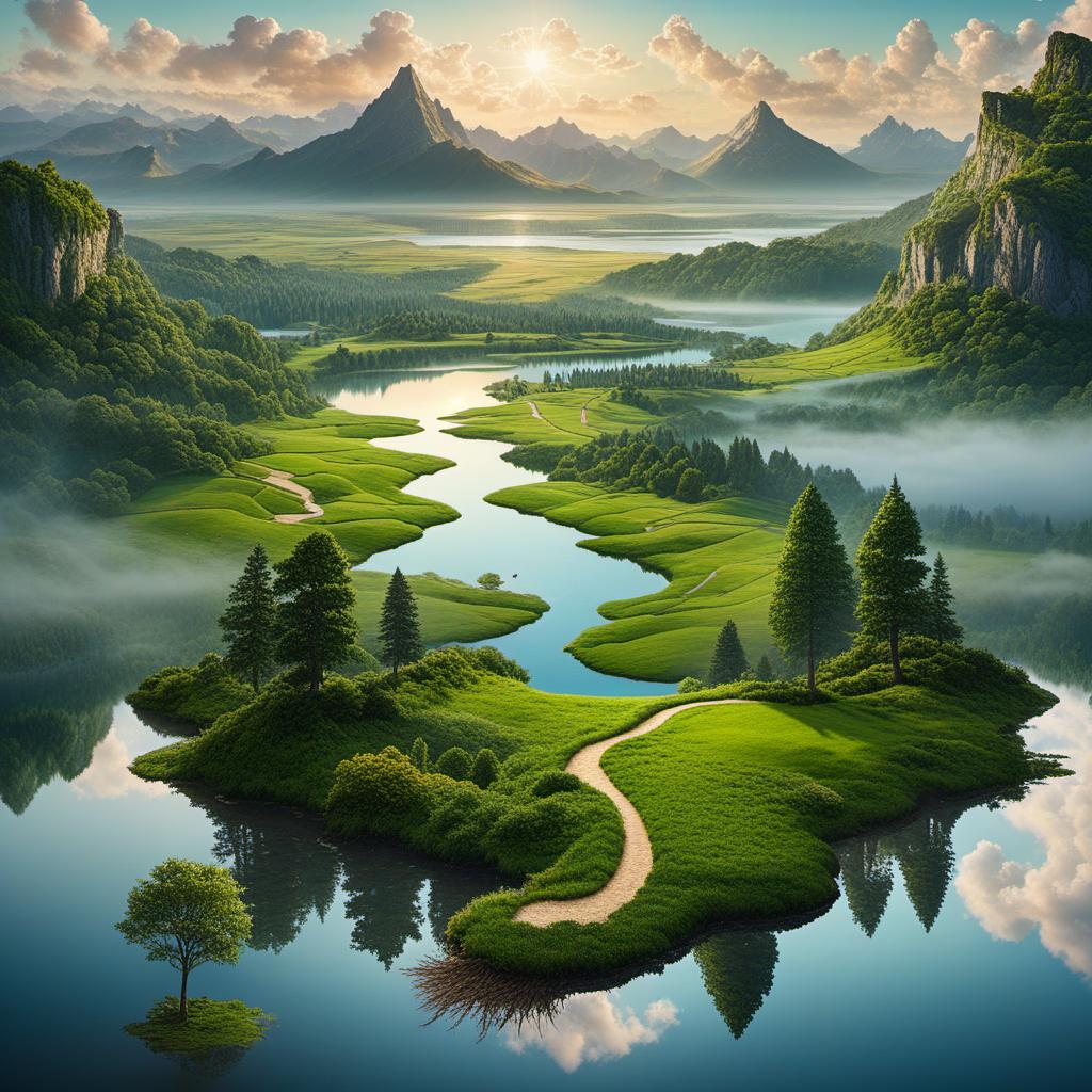  a mesmerizing illustration that brings to life in a (vividly detailed backdrop) the enchanting concept of a (fantastical landscape) emerging from the pages of a (fantasy fiction book), where a ((dirt path)) meandering through a lush green field leads to a (clearing with a (serene lake) reflecting the beauty of the sky with its softly (blending clouds), the scene is further (heightened by the intricate patterns and details) that make it feel like a (realistic photograph) captured at a (macro level) with (ultra high definition detail) that brings the imagination of the (modern day) reader into a (hyperrealistic world) where creativity and wonder intertwine in a (visual symphony) that transcends the boundaries of ordinary reality, ((nature)) hyperrealistic, full body, detailed clothing, highly detailed, cinematic lighting, stunningly beautiful, intricate, sharp focus, f/1. 8, 85mm, (centered image composition), (professionally color graded), ((bright soft diffused light)), volumetric fog, trending on instagram, trending on tumblr, HDR 4K, 8K