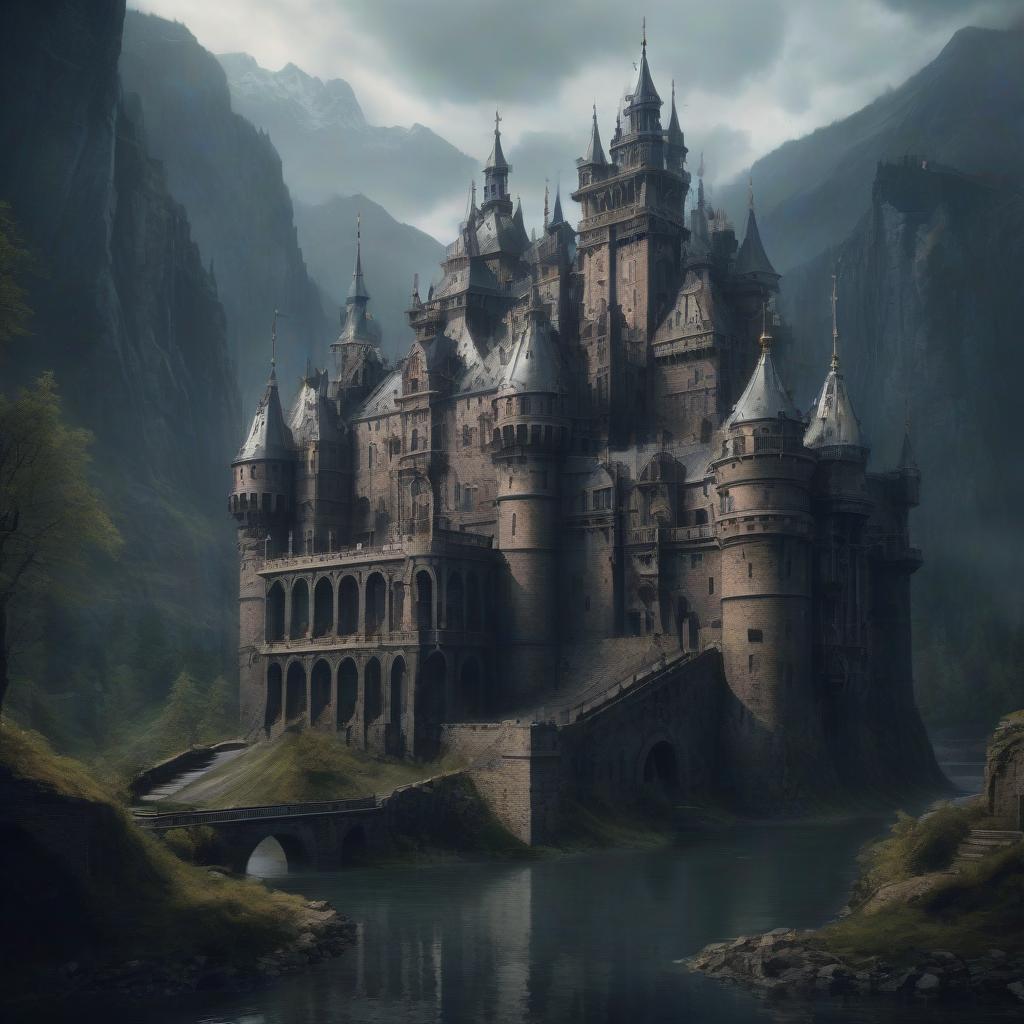  iron castle. there is a moat in front of the castle. a castle in the mountains. a gloomy castle. baroque, rococo, cyberpunk.