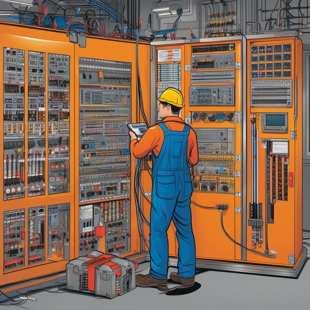  masterpiece, best quality,Ask for a caricature-style picture depicting workers maintaining electrical cabinets: In the center of the picture is a worker wearing blue clothing, whose overalls may have pockets and badges for added detail. A worker wearing an orange hard hat. He is standing in front of a large open electrical cabinet, leaning forward slightly, focusing on inspecting or repairing the circuits and equipment inside the cabinet. The worker may be holding a tool, such as a multimeter, in his hand. Complex circuits and various electronic components can be seen inside the electrical cabinet. In the background is a neat electrical cabinet, with billboards hanging on the walls that say "Olefin Electrical" and some work instruct