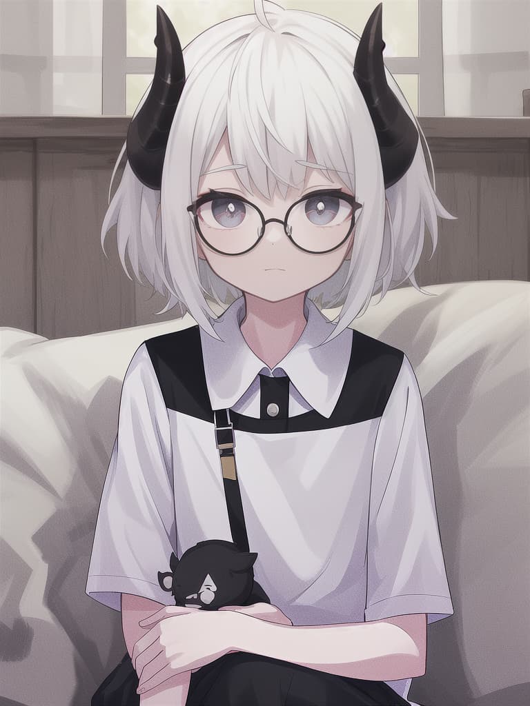  White hair, short hair, disturbed hair, boyish, boy, white clothes, polo shirts, black horns, glasses, upper body, cute, cute, sitting, masterpiece, best quality,8k,ultra detailed,high resolution,an extremely delicate and beautiful,hyper detail