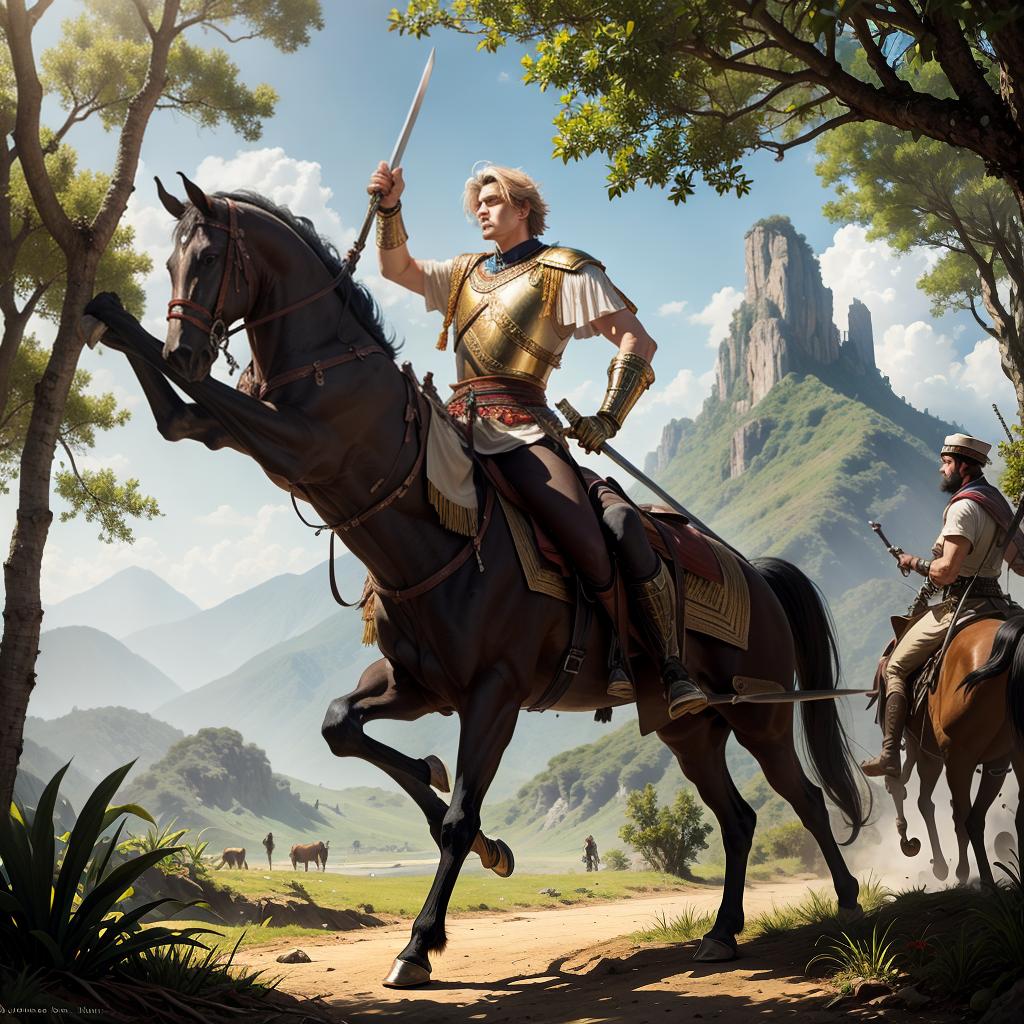  The Alexander the great travelling in jungle with his inmates on horse with swords in hands