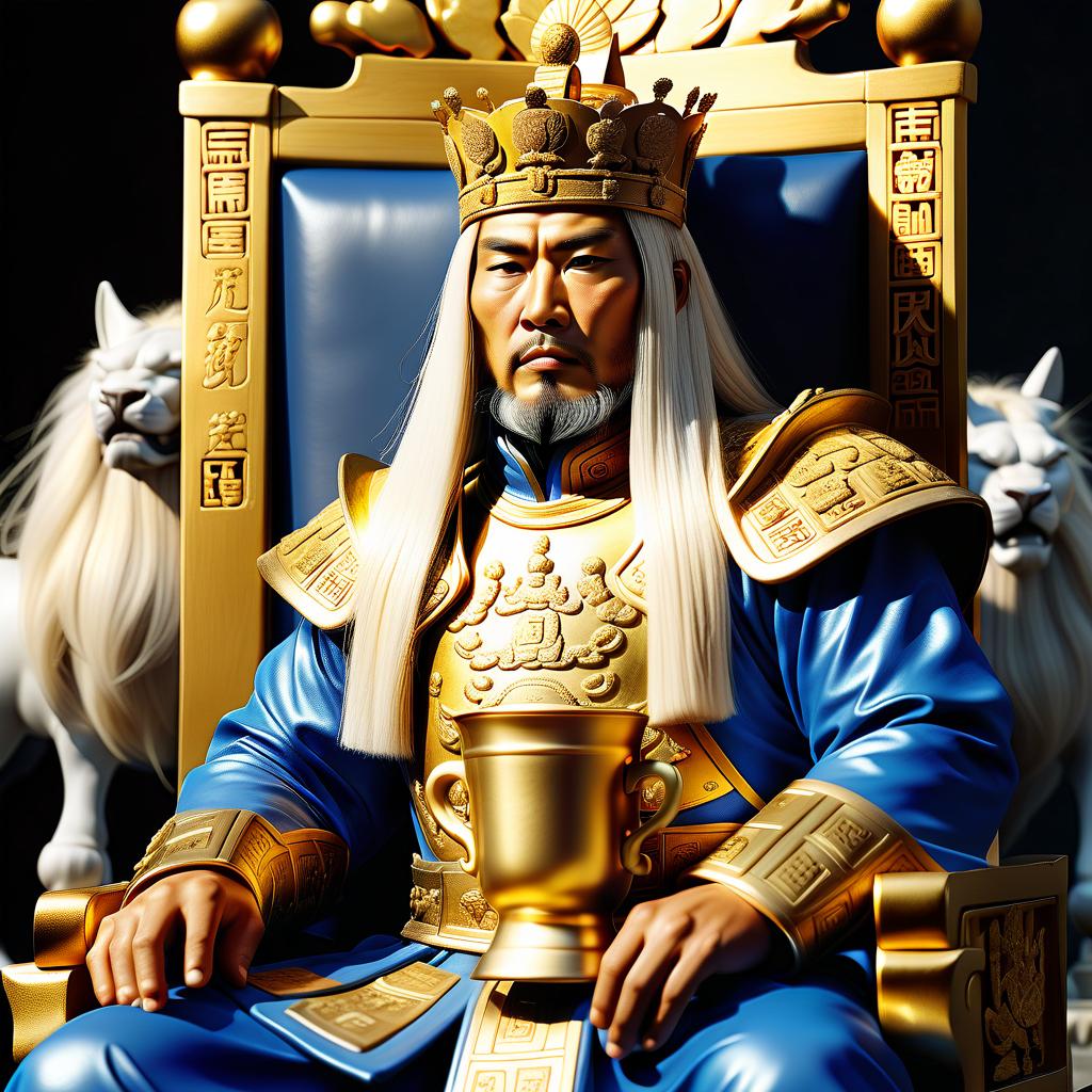  hyperrealistic art the great chinese emperor cao cao sits on a throne of gold in the hand of a golden cup, a character of asian appearance young smoothly shaved with long white hair . extremely high resolution details, photographic, realism pushed to extreme, fine texture, incredibly lifelike