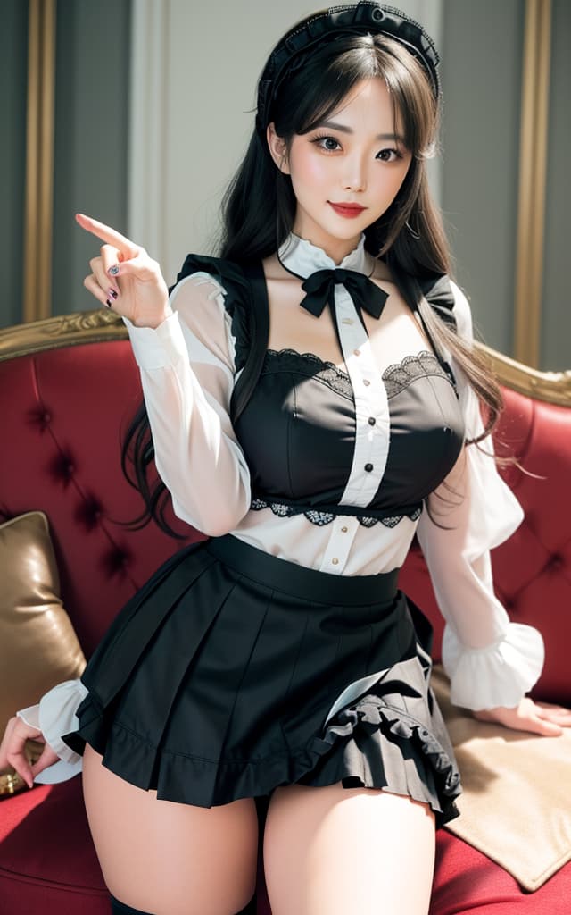  (32K, Real, RAW Developer, Best Quality: 1.4))), (((Beautiful big eyes, Double eyelids))), (((Actress: Mochiyu Honda,))), (((Full smile))), (Black hair), (Wavy long hair)), Full anatomical body, (Delicate and beautiful eyes: 1. 3)), (((Couch, big thighs )))), (((natural light)), (((gothic lolita fashion))), (((mini skirt))), (((thighs exposed))), (((paw pose under chin))), (((mini skirt))), (((thighs exposed)))) hyperrealistic, full body, detailed clothing, highly detailed, cinematic lighting, stunningly beautiful, intricate, sharp focus, f/1. 8, 85mm, (centered image composition), (professionally color graded), ((bright soft diffused light)), volumetric fog, trending on instagram, trending on tumblr, HDR 4K, 8K