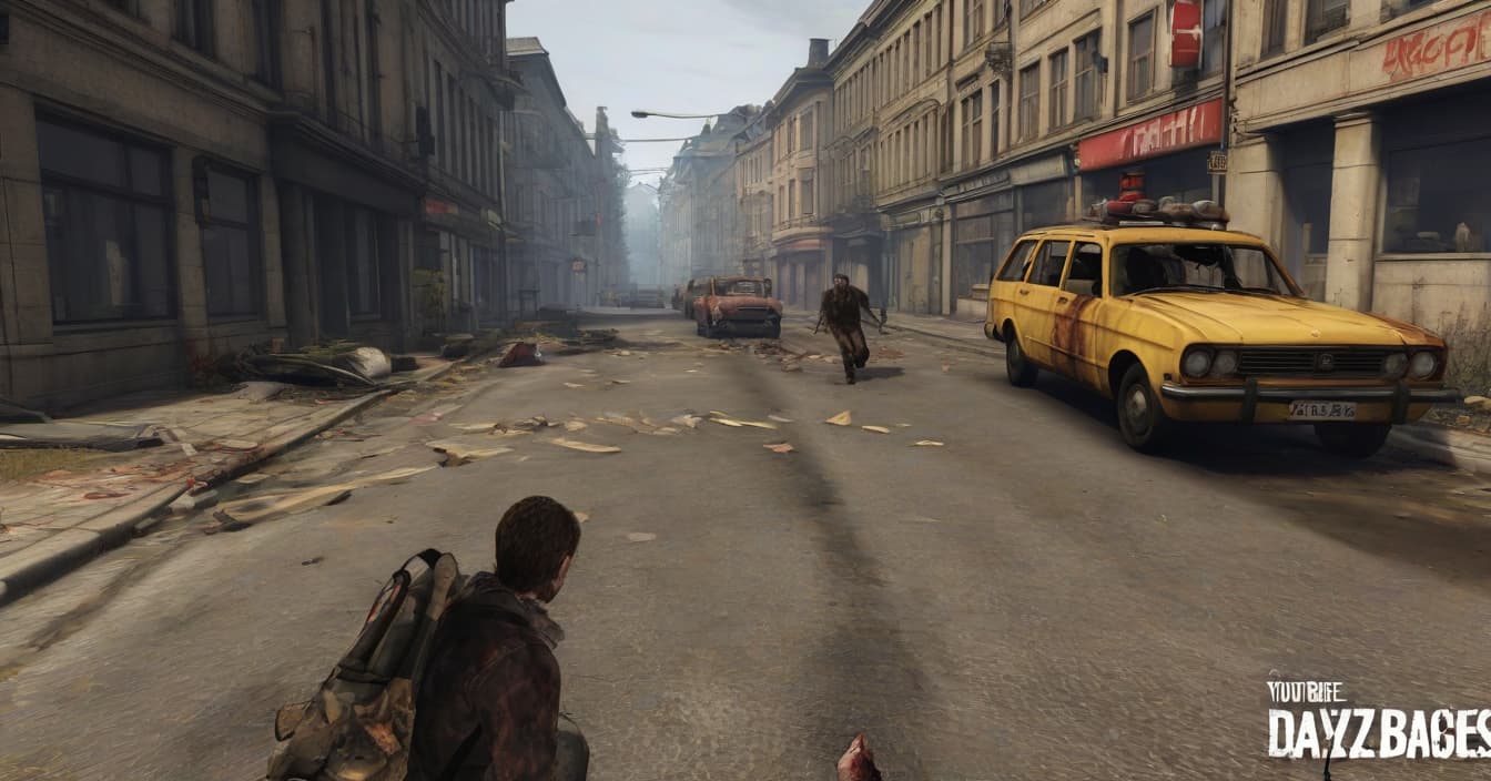  image view: cover (preview) for youtube video object: a group of zombies running down an empty street, with a brown and yellow color scheme characteristic of the dayz game. zombies must look threatening and frightened, with clear signs of decomposition and blood on their faces and clothing. one of the zombies should be in focus, with his arm raised and his mouth open, as if he were ready to attack. additional elements: destroyed cars and furniture on the street empty buildings and destroyed windows in the background small flames or smoke in the distance to add feelings of chaos and destruction weapons or other items from the dayz game, such as a backpack or first aid kit, scattered along the street location: a street in the city is prob