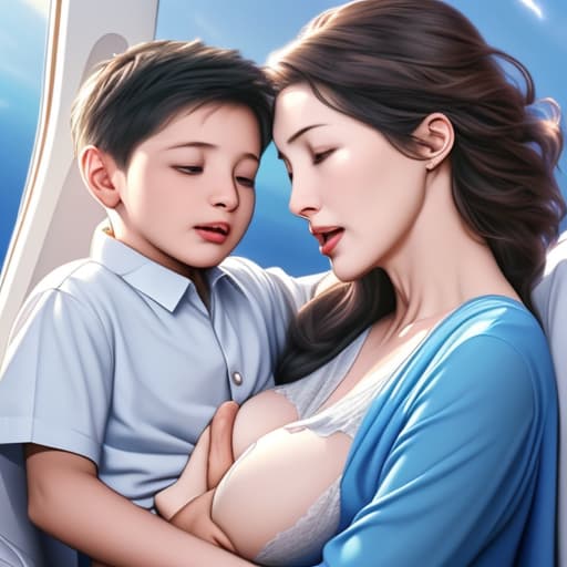  A mother is breastfeeding her son while her son is flying in the sky and the mother is shocked