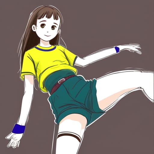  "appearance: white, wearing a green and yellow striped shirt with a russian flag on the left of the shirt, brown shorts and boots, black stockings, and long, brown, ponytailed hair, size: probably enough to hold the shirt up, but not too high, girl, 13, features on the middle side of the spectrum, not too mature." based on the above information, draw a girl who is trying to hold her in during cl. requirements: legs clenched, left hand over her . it's best to reflect her anxiety, midday, before the storm. realistic drawing style