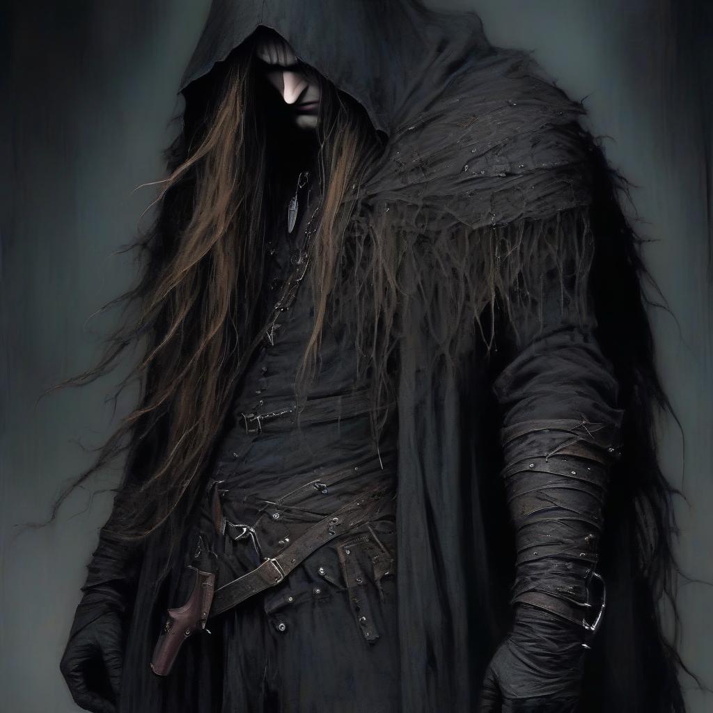  macabre style fantasy thief with long hair below his back with a wick gun, full height. . dark, gothic, grim, haunting, highly detailed, perfect hands, perfecteyes