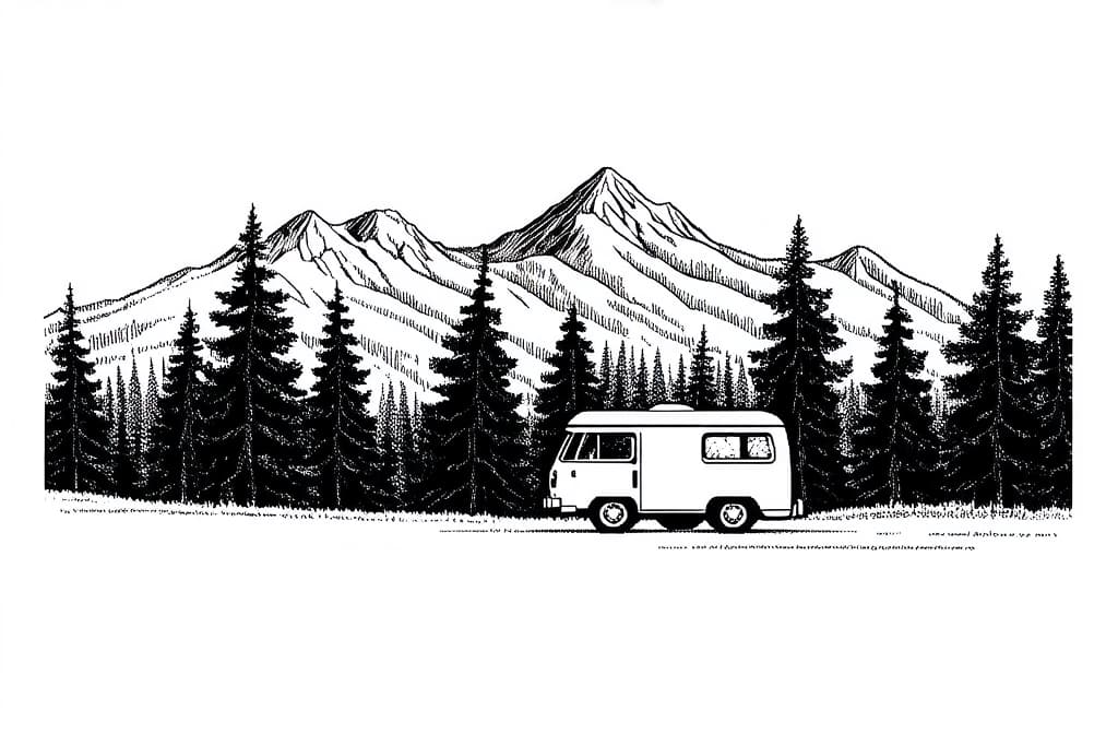  contour, very simple image in one unbroken black ink line, single line of camping van at forest, mountains in background, engraving black and white illustration on white background ar 3:2 using a single continuous black line ink brushon white background, drawing should be created without lifting the pen, recognizable features of camping van at forest, mountains in background, engraving black and white illustration on white background ar 3:2 in one unbroken line