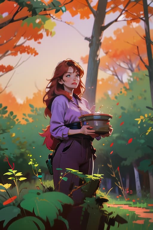  red haired asian woman plants purple trees in the forest, bichu,oil painting,impressionism advertising photo,high quality, good proportion, masterpiece , the image is captured with an 8k camera