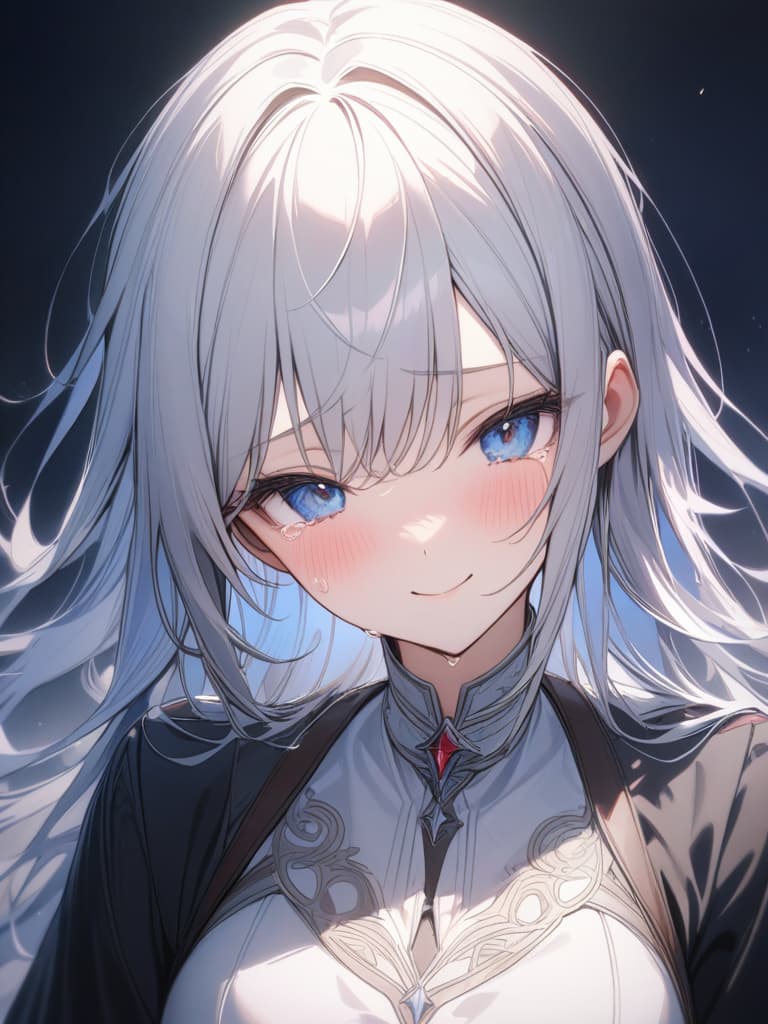  silver hair, , cute, blue eyes, smiles, , raised, crying, masterpiece, best quality,8k,ultra detailed,high resolution,an extremely delicate and beautiful,hyper detail