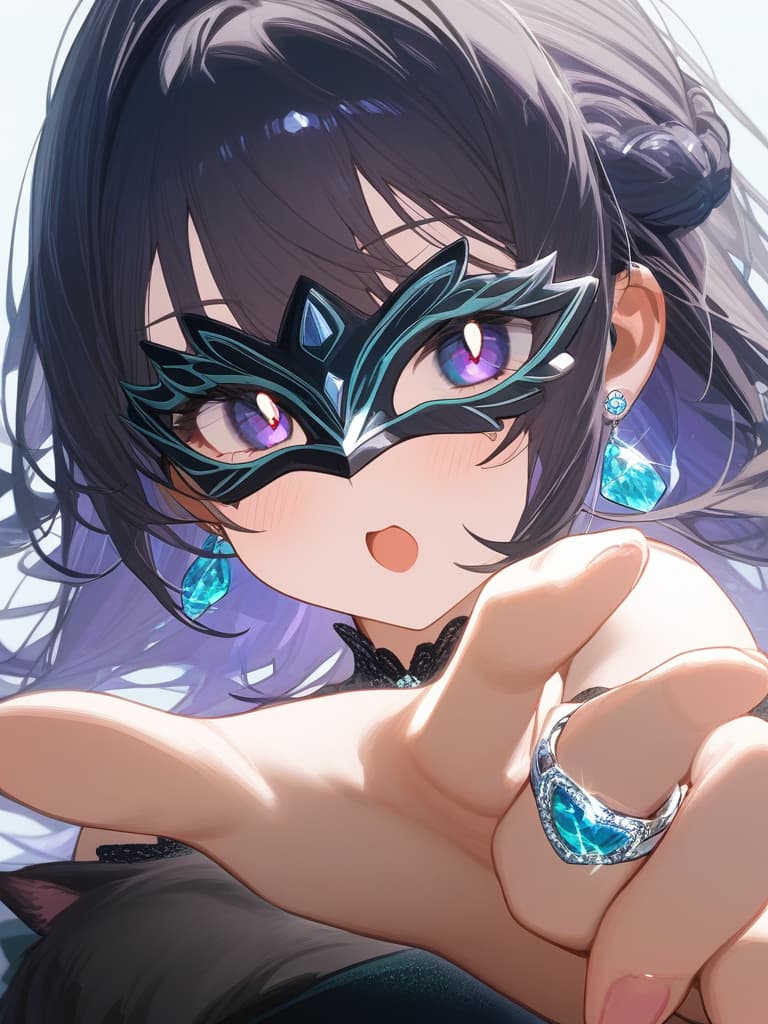  ultra detailed:1.2,masterpiece:1.2,best quality,masterpiece,bestquality,hdr:1.1,8k:1.1,very cute girl:1.3,((alexandrite stone:1. )),((hand up,reaching hand,alexandrite ring:1.6)),(pearl earrings:1.4)(princess gown:1.3),(upper body:1.4),(face focus:1.2),((black cat masquerade mask:1.7))(close mouth:1.3)