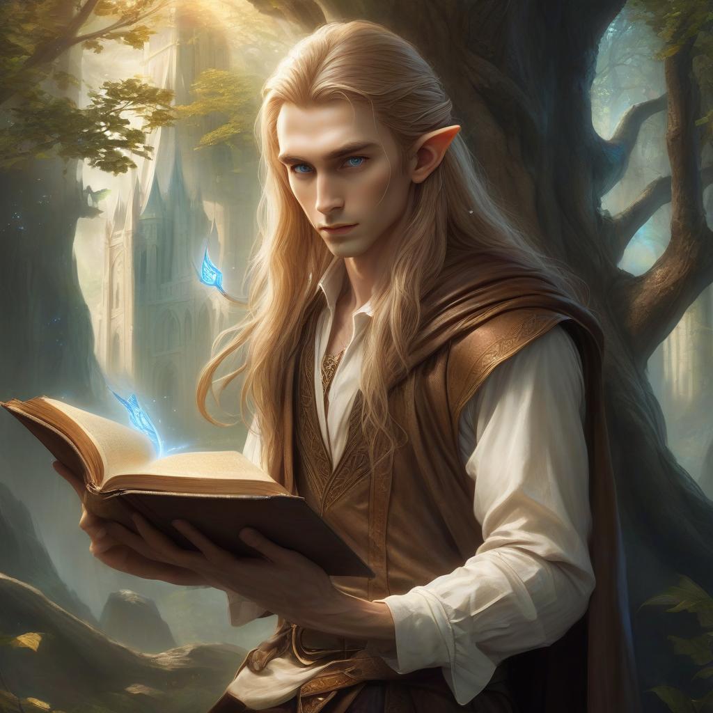  ethereal fantasy concept art of very beautiful low and slender elf with light skin, long straw hair and blue eyes, dressed in a white shirt and brown pants, a brown cloak hangs on his shoulders, holds an open book with leather binding and a drawing of a tree from golden lines, a wizard's tower . magnificent, celestial, ethereal, painterly, epic, majestic, magical, fantasy art, cover art, dreamy, hkmagic