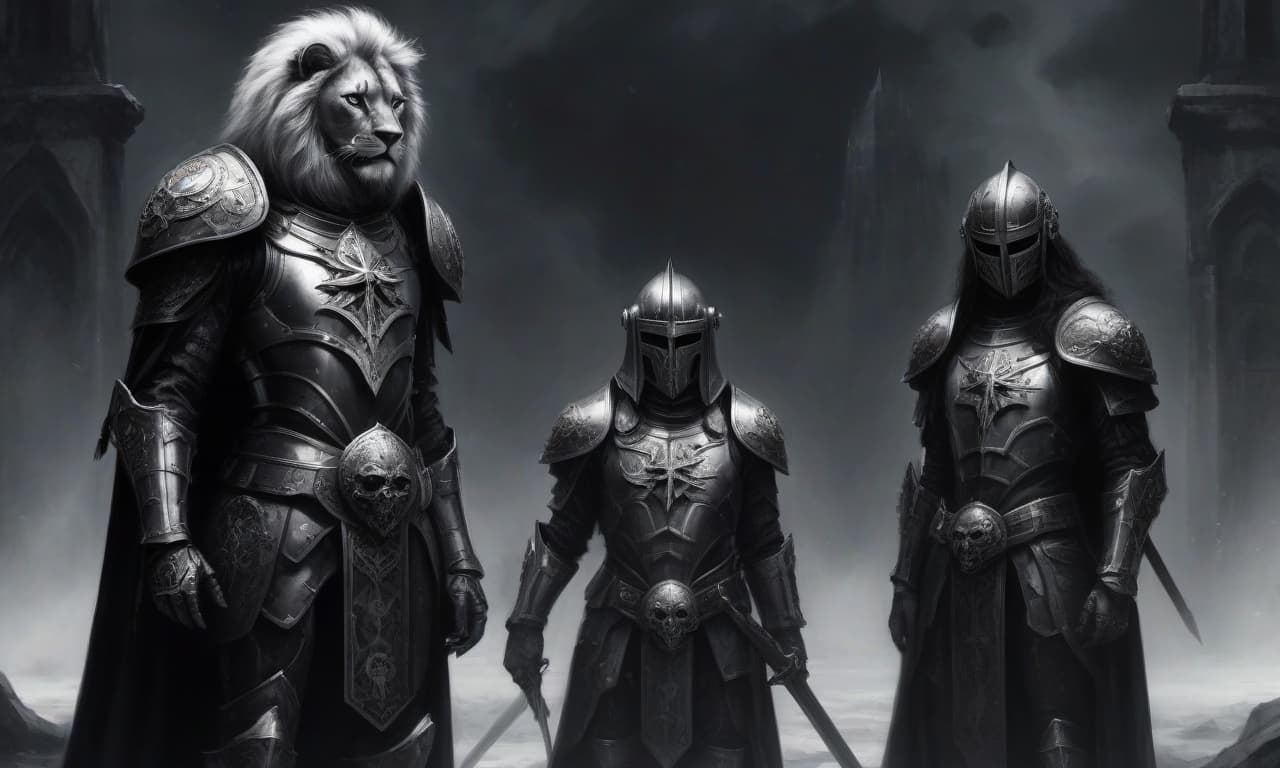  horror themed draw in black white style. the legion of the sons of night, an elite unit of knights, in a black dark universe of horrors, in iron armor with black cloaks, on their shoulder pads on the left is an engraving of an iron lion, and on the right is a white iron cross, their helmet slightly resembles images of an iron skull, but still has its symbolic appearance of lion symbolism. several of these knights stand in a circle, in a black temple. . eerie, unsettling, dark, spooky, suspenseful, grim, highly detailed