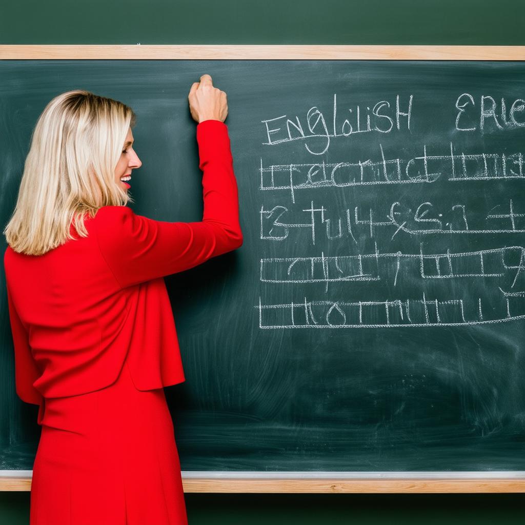  professional detailed photography, english teacher against the background of a light blackboard. a , blonde hair, friendly, in a scarlet , stands half turned to the board, erases at the viewer. words in english are written on the board, (muted colors, dim colors, soothing tones), (vsco:0.3)