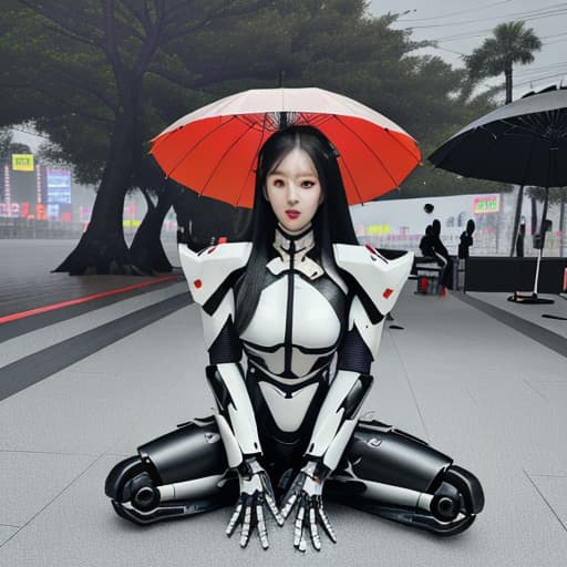  beautiful chinese wearing white and black mecha armor, full body photo with long hair, sitting on the ground holding an umbrella in her hand, in the style of cyberpunk, with a futuristic robot design and mecha armor details, to waist ratio of 3/4, full body photo, in the style of cyberpunk.