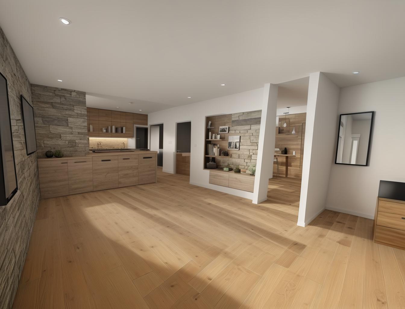  generate a photorealistic rendering of a modern living room with a combination of wooden floors and a stone accent wall. include sleek, contemporary furniture to contrast with the natural materials, creating a sophisticated yet comfortable atmosphere.