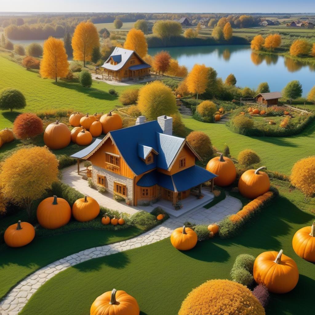  pumpkin variety Cottage in the shape of a house , macro world , large two-storey house inside a pumpkin , windows , doors , stairs , yard , vegetable garden , wooden fence , green landscape , cornfield , river , bright blue sky , bright sun, very beautiful nature, high detail, style 50000k , +++