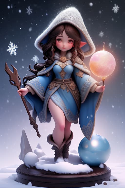  Cover of a fantasy book featuring a young witch with dark brown hair, bangs, dark eyes, a hooked nose, rosy cheeks, and pointed ears. She is wearing a blue robe of a wizard with a fur hood, and she holds a staff with a round glass sphere at the top. The background is a snowy landscape from Skyrim., (intricate details:1.12), hdr, (intricate details, hyperdetailed:1.15) hyperrealistic, full body, detailed clothing, highly detailed, cinematic lighting, stunningly beautiful, intricate, sharp focus, f/1. 8, 85mm, (centered image composition), (professionally color graded), ((bright soft diffused light)), volumetric fog, trending on instagram, trending on tumblr, HDR 4K, 8K