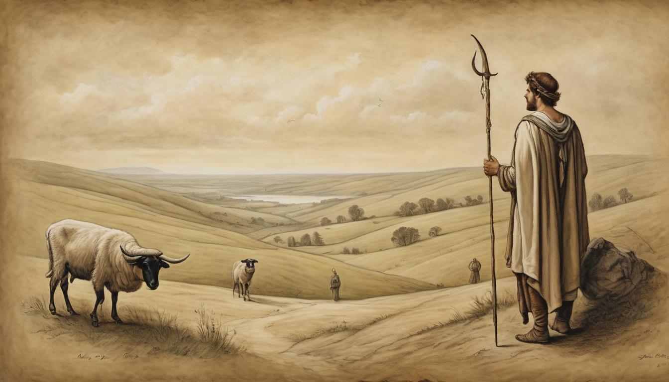  on parchment, surrealism++, young david, shepherd attire, looking towards a distant horizon, serene countryside, sense of destiny and waiting(mysterious, provocative, symbolic)++