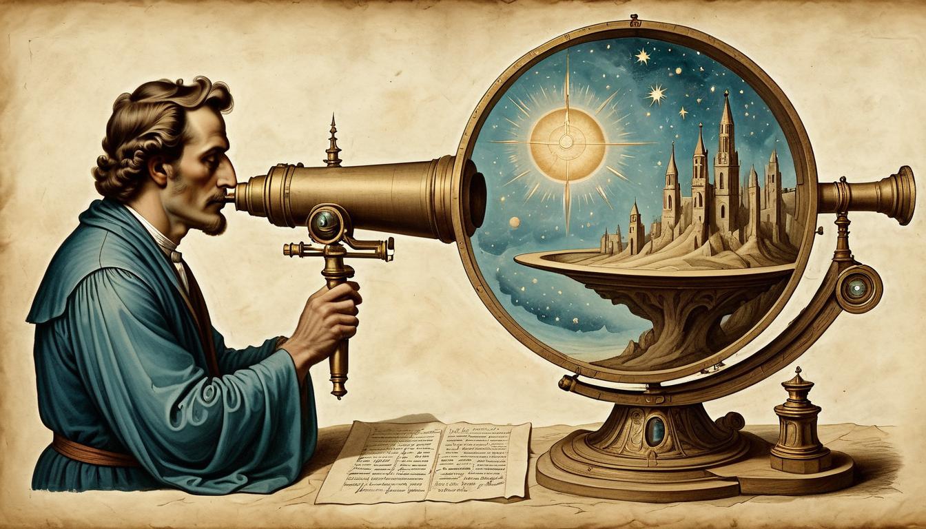  on parchment, surrealism+++, a divine hand adjusting a celestial telescope, aligning it with the earthly vision of a person gazing through it(mysterious, provocative, symbolic,muted color)+++