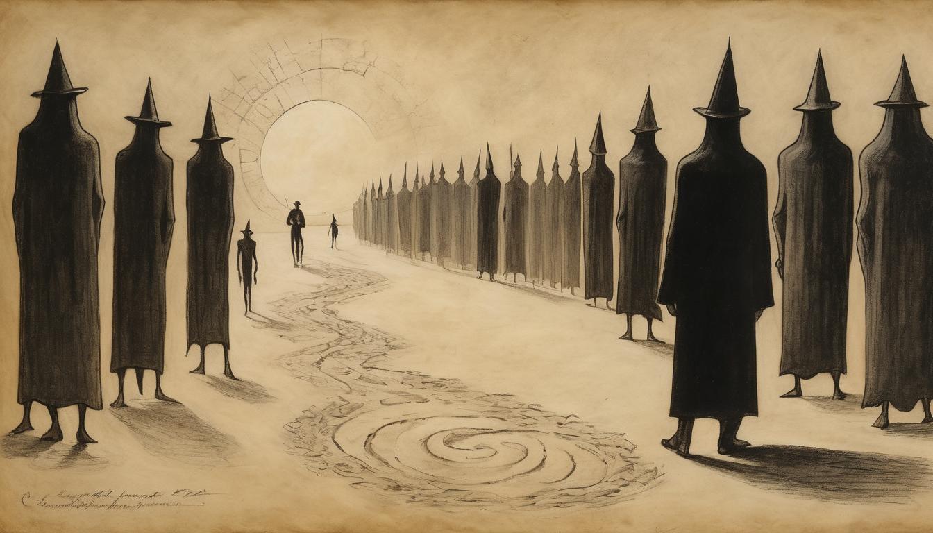  on parchment, surrealism++, a strong, determined figure walking away from a group of shadowy figures, path ahead illuminated and clear, sense of confidence and resolve(mysterious, provocative, symbolic)++