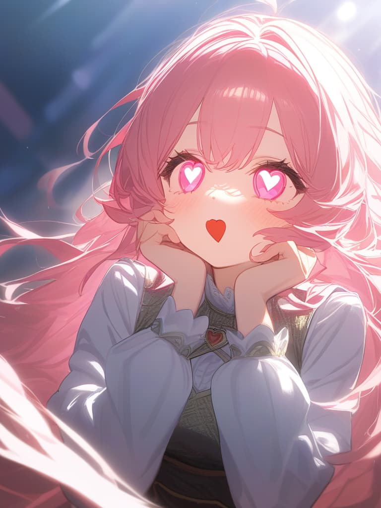  ((heart shaped eyes,cute,heart shaped highlights,pink eyes,hypnotism,pink hair,fluffy,dizzy,hands on cheeks,cute sleeves,uniform,knit,cute,long hair,fluffy hair))、ultra detailed,best shadow,cute and beautiful face,(masterpiece:1.2),(best quality:1.2),detailed background,high contrast,(best illumination,an extremely delicate and beautiful),((cinematic light)),hyper detail,dramatic light,intricate details,8k,anime,very aesthetic