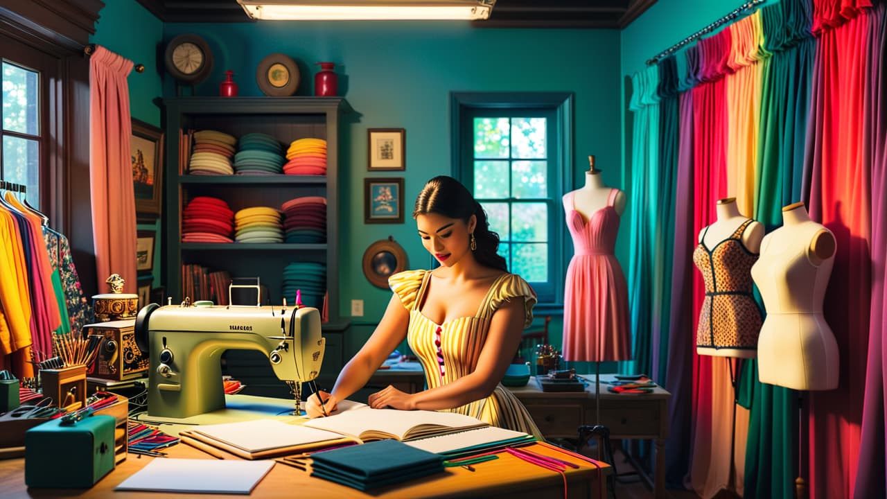  a vibrant workshop scene showcasing a costume designer sketching elaborate designs, surrounded by colorful fabrics, sewing machines, and intricate costumes on mannequins, with tools and materials scattered, reflecting creativity and craftsmanship in costume making. hyperrealistic, full body, detailed clothing, highly detailed, cinematic lighting, stunningly beautiful, intricate, sharp focus, f/1. 8, 85mm, (centered image composition), (professionally color graded), ((bright soft diffused light)), volumetric fog, trending on instagram, trending on tumblr, HDR 4K, 8K